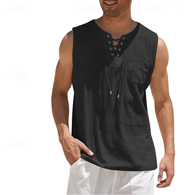 Per uomo Camicia Camicia di lino Camicia popover Camicia Estiva Abbigliamento da spiaggia Maglietta senza maniche Tinta unica Vacanza Streetwear Nero Bianco Blu marino Azzurro cielo Senza Maniche del 2025 a $19.99 –P5