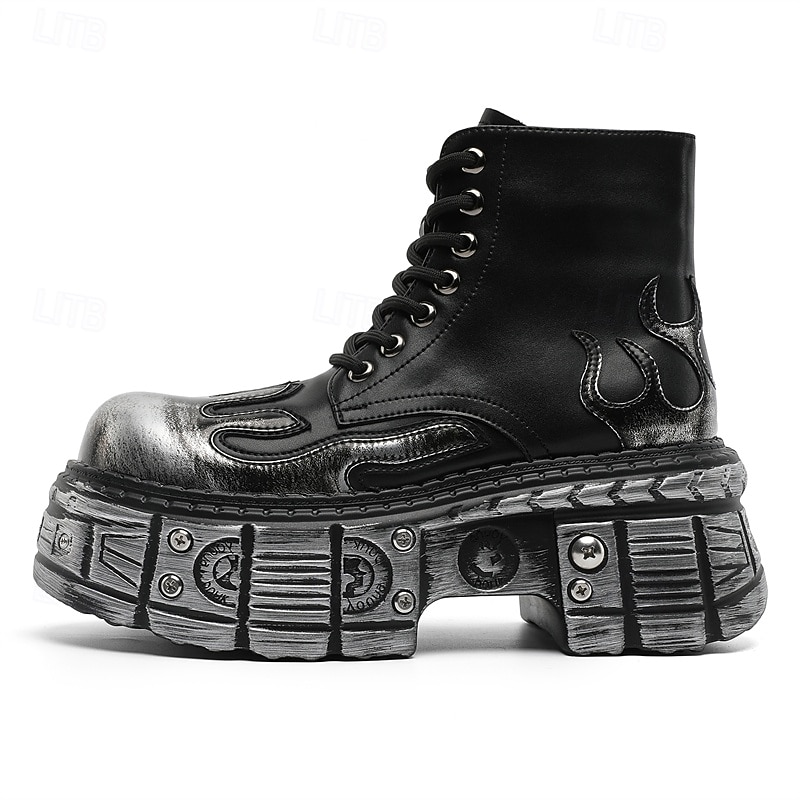 herre gotiske flammende platåstøvler – steampunk ankelstøvletter med grov såle og snøring for punkrockfester og cosplay 2025 - $84.99 –P1