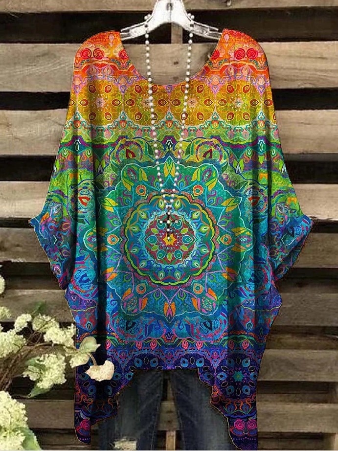Dame Bluse Grafisk Geometrisk Elegant Bohem Årgang Kortermet Flaggermusermer Crew-hals Vanlige topper Daglig Ferie Strand Klær Trykt mønster Grønn Og Blå Gul Rosa Lysebrun Blå Sommer Vår 2025 - $22.99 –P3