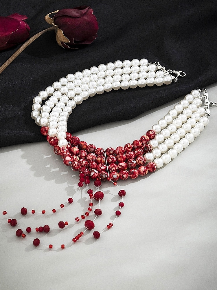 Conjunto de joyas de Halloween con gotas de sangre para mujer: gargantilla, pulsera y pendientes de perlas y cuentas rojas para fiestas de disfraces y eventos espeluznantes. 2025 - $18.99 –P4
