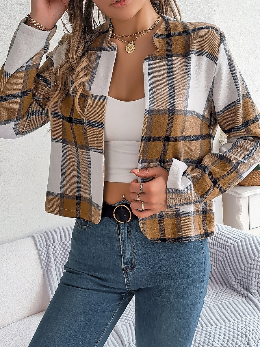 Γυναικεία Casual Jacket Άνετο Αναπνέει Στάμπα Καθημερινό Καρό Διακοπές Δρόμος Καθημερινά Ρούχα Εξόδου Ανοικτό Μπροστά Κοντό Όρθιος Γιακάς Κανονικό Μακρυμάνικο Εξωτερικά ενδύματα 2025 - $32.99 –P17
