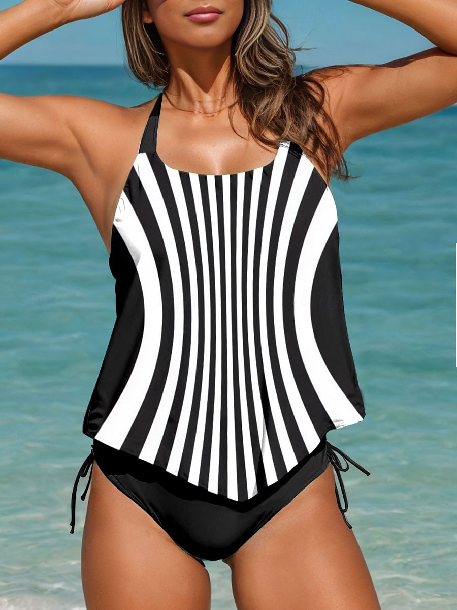Dam Badkläder Tankini 2 st Kaxig Baddräkt Öppen rygg Semester Standkläder Grafisk Geometrisk U-hals Ärmlös Baddräkter 2025 - $24.99 –P3