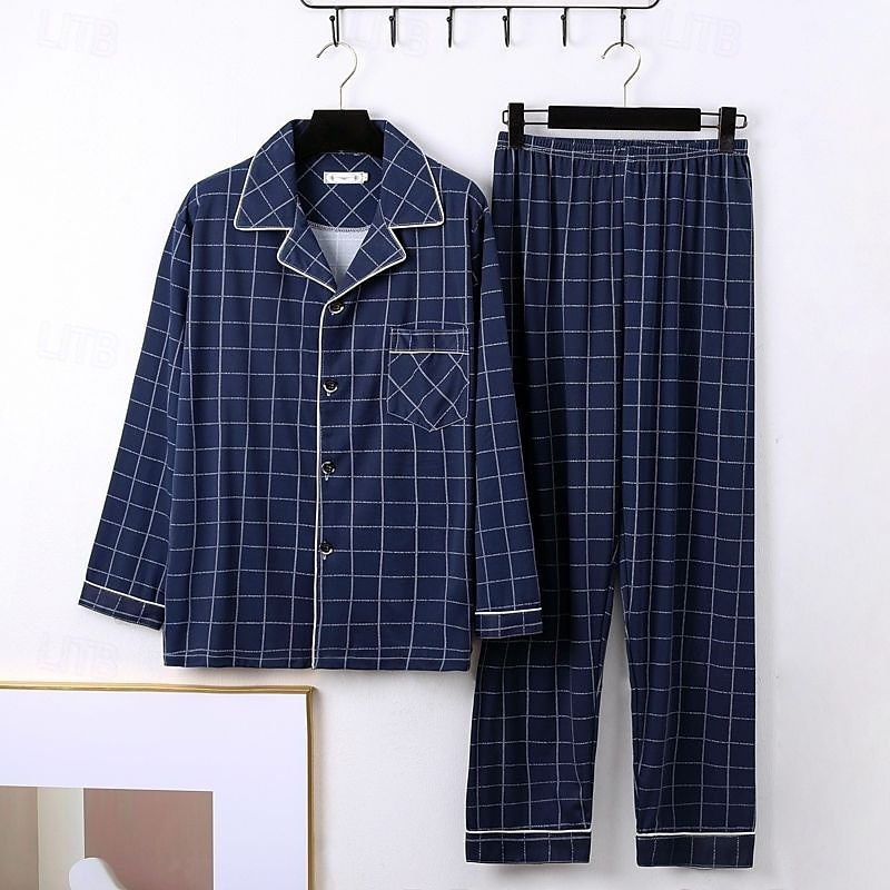 Per uomo Pigiami Set Pigiama Top e pantaloni del pigiama 1 Set Plaid Moda Elegante Classico Casa Quotidiano Da letto Poliestere Comodità Morbido Traspirante Bavero Manica Lunga Camicia Pantalone del 2025 a $16.99 –P1