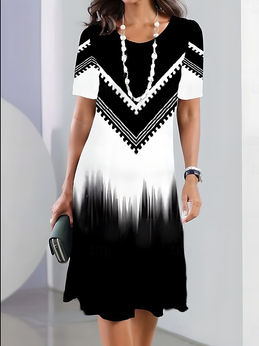 Elegantní dámské večerní midi šaty s krátkým rukávem a výstřihem do krku A-line šaty ležérní boho regular fit ombre grafika geometrická černá víno modrá nebeská modrá 2025 - $23.99 –P5