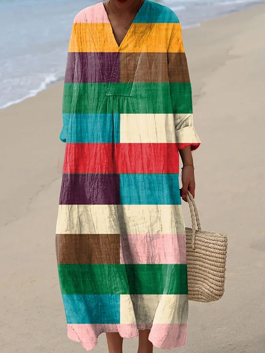 Per donna Abito Midi Vestito Estivo Abito a trapezio Vacanza Casual Boho Feste Spiaggia Vestibilità comoda Grafico Geometrico Plaid Manica Lunga Scollo a V Giallo Rosa Arancione Verde Estate del 2025 a $35.99 –P4