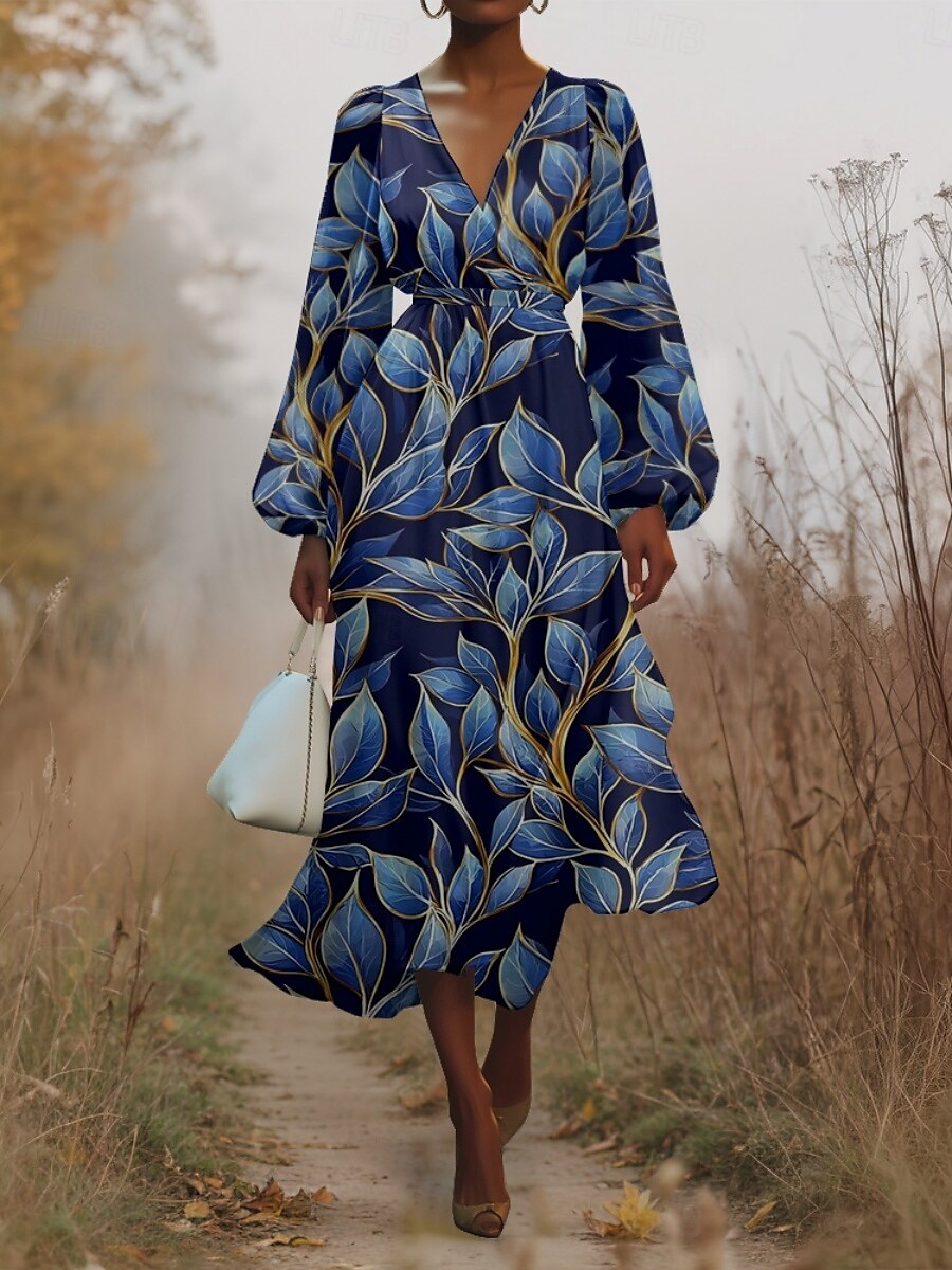 Women's Midi Dress Casual Dress Chiffon Swing Dress Modern Vacation Daily Weekend Regular Fit Floral Long Sleeve V Neck Blue Green Dark Blue Summer Spring Fall Autumn 2025 - $31.99 –P7