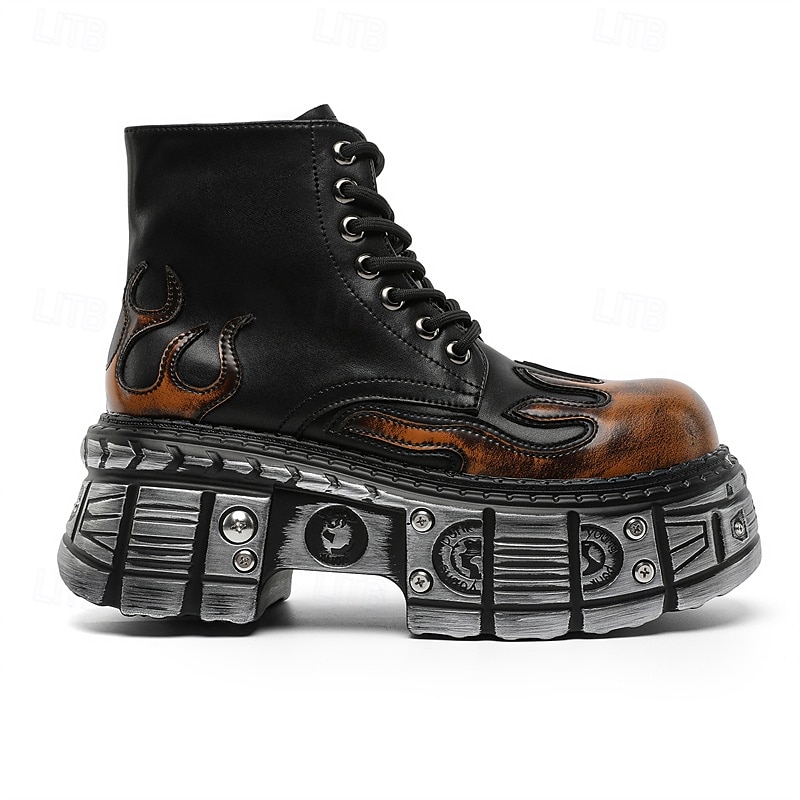 herre gotiske flammende platåstøvler – steampunk ankelstøvletter med grov såle og snøring for punkrockfester og cosplay 2025 - $84.99 –P13