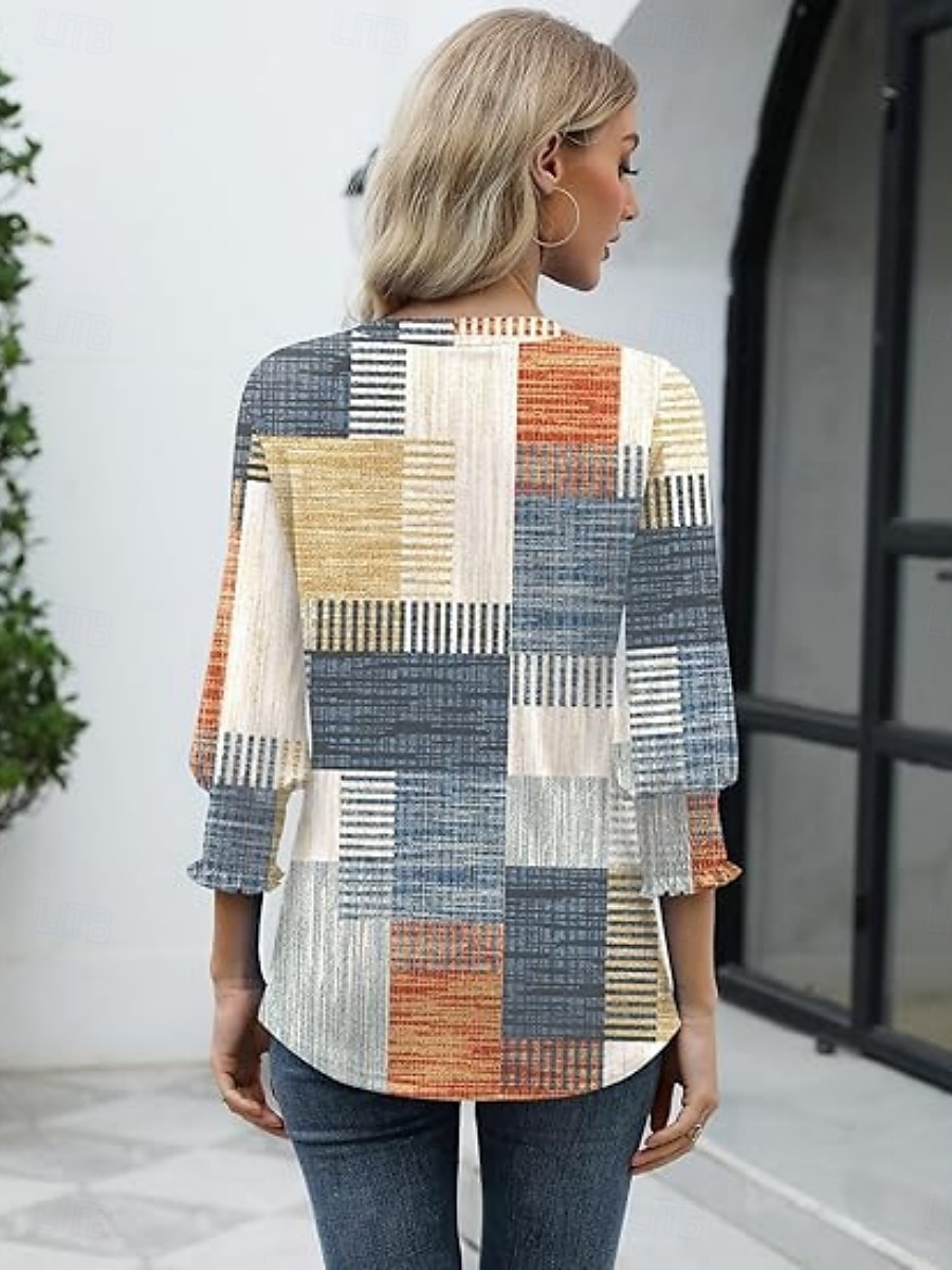 Dame Bluse Ruter Stilfull Fritid 3/4 ermer Crew-hals Vanlige topper Daglig Trykt mønster Gul Grønn Kakifarget Sommer Vår 2025 - $21.99 –P3
