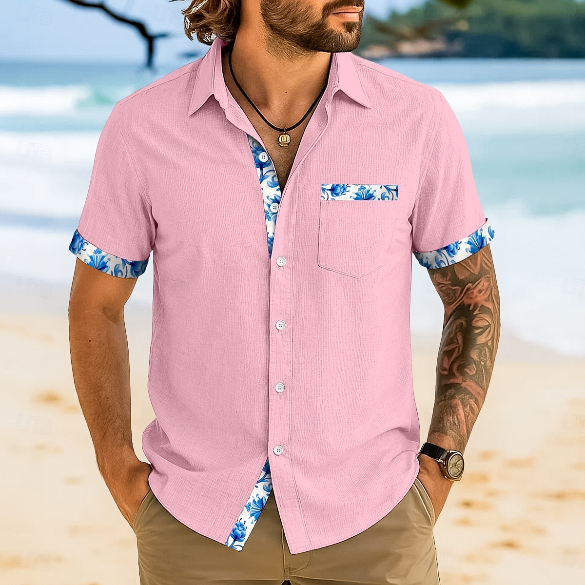 Herren Hemd Leinenhemd Sommerhemd Strandhemd Karomuster Urlaub Lässig Weiß Rosa Marineblau Leicht Blau Kurzarm Kragen Sommer Bekleidung 2025 - $20.99 –P6