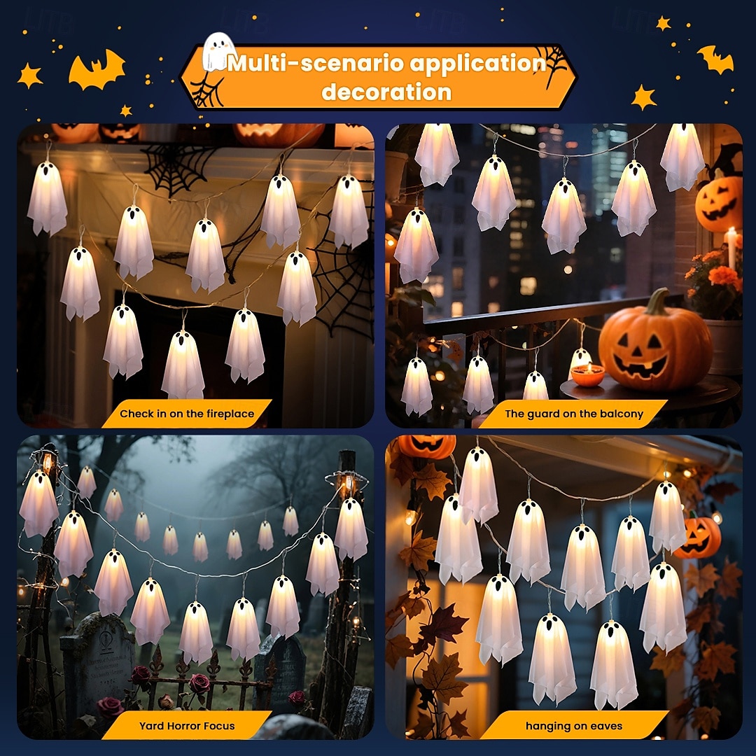 1 Pc Halloween 2.5M 10 luminous hanging ghost ghost light string AAA waterproof battery box 8 function remote control indoor and outdoor courtyard party Halloween atmosphere decoration light 2025 - $20.99 –P8