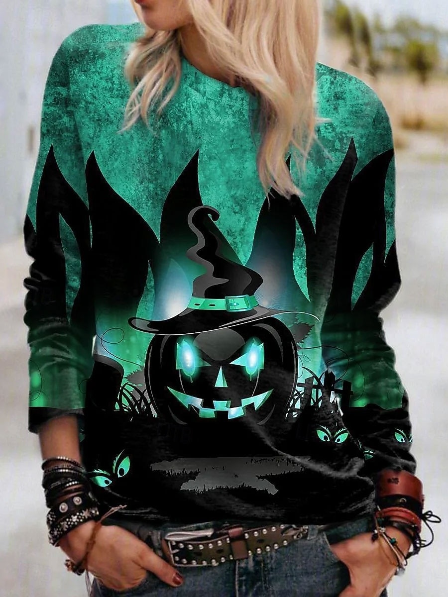 Halloween Maglietta Femminile Jack-o'-lantern Manica Lunga Girocollo Maglietta Grafica Fantasma Vintage Elegante Classica Top Girocollo Giornaliero Weekend Stampa Blu Viola Arancione Verde Primavera del 2026 a $24.99 –P2