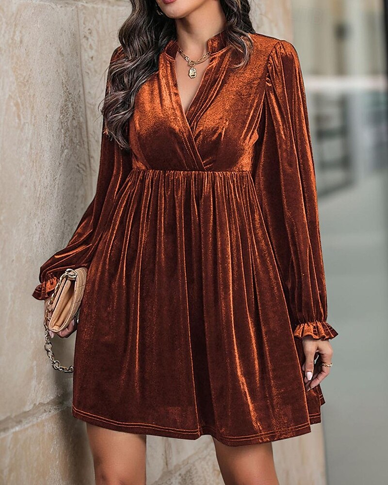 Damen Minikleid Samtkleid Freizeitkleid Mode Modern Täglich Date Wochenende Normale Passform Einfach Langarm V Ausschnitt Wein Marineblau Orange Grün Herbst Winter 2025 - $29.99 –P2