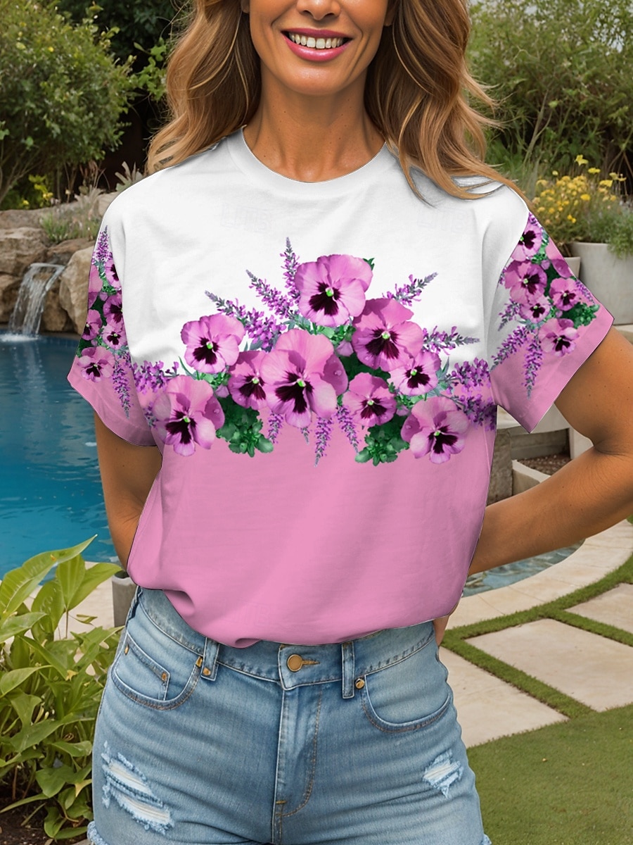 Femmes T-shirt Fleuri Graphique ancien Élégant Classique Manche Courte Col ras du cou Col rond Hauts Réguliers Quotidien Sortir Week-end Imprimé Noir et blanc Jaune Rose Claire Bleu Violet Ét de 2025 ? $19.99 –P6