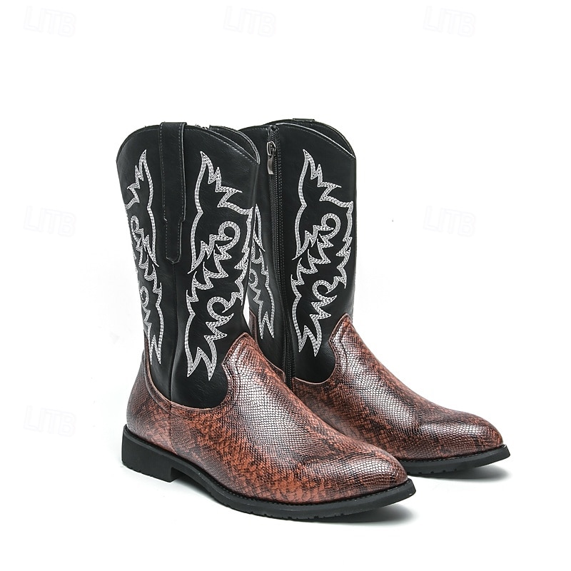 Homme Bottes Bottes de Cowboy Rétro Chaussures en Peau de Serpent Marche ancien Occasionnel Cuir PU Confortable Antidérapant Chaud Bottes Mi-Mollet Mocassin Marron Noir / Rose de 2025 ? $64.99 –P1