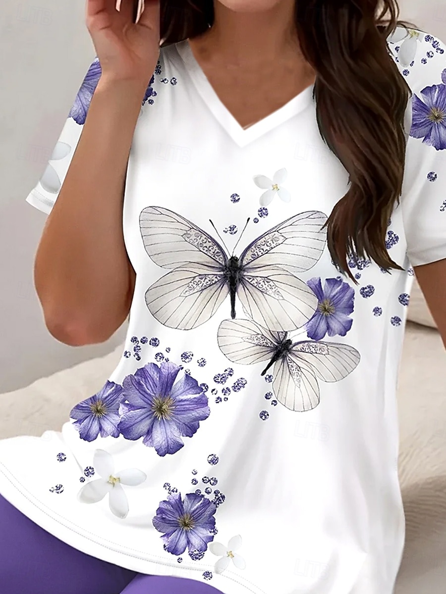 Women's Fashion Daily T Shirt Shorts Sets Short Sleeve V Neck Ombre Floral Butterfly Print Daily Casual Daily Light Green Grape Ocean Blue Summer Regular Fit 2025 - $29.99 –P2