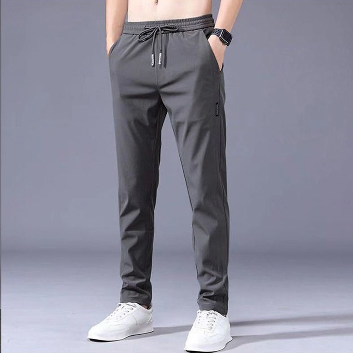 Men's Trousers Casual Pants Drawstring Elastic Waist Solid Color Quick ...