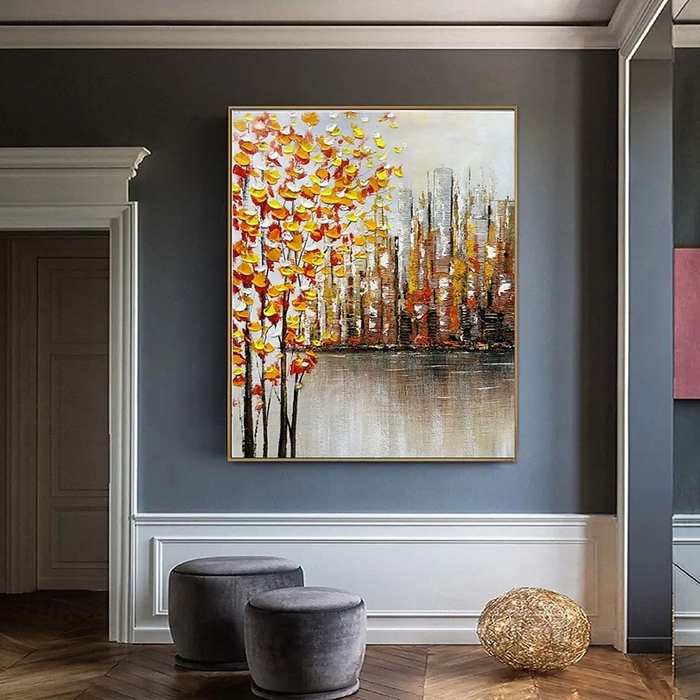 Handmade Urban Autumn Canals oil painting Hand-Painted Oil painting  Warm Citrus Foliage Structured Cityscape Serene Water Reflections Dark Gray Frame Cozy Interior Accents picture 2025 - $123.99 –P3
