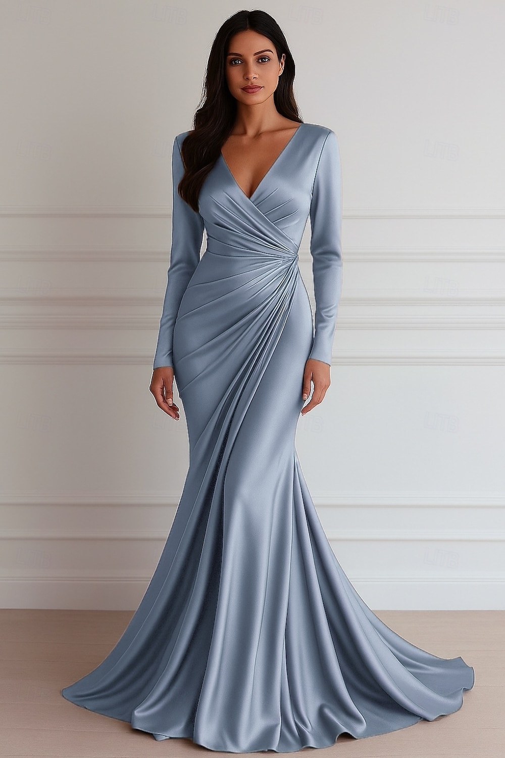 Rochie de Seară Sirenă  Trompetă Rochie Elegantă Rochie Formală de Nuntă Lungime Întreaga Mâneci Lungii Decolteu în V Rochie Satin Elastic cu Plisaje 2025 - $145.99 –P3