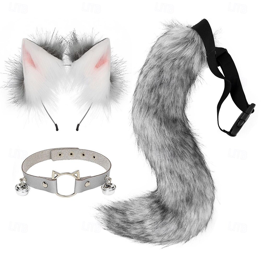 Bandă drăguță cu urechi de pisică, coadă și zgardă cu păr blănos – accesorii pentru cosplay cu animale, costum de fată-pisică pentru Halloween, petrecere și spectacol 2026 - $33.99 –P9