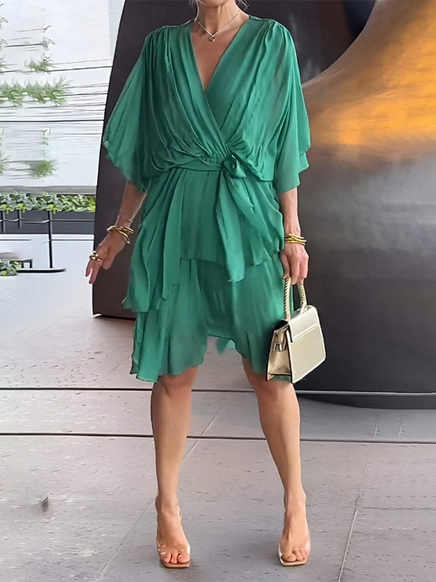 Women's Mini Dress Cocktail Dress Wedding Guest Dress Chiffon Chiffon Dress Fashion Modern Outdoor Vacation Regular Fit Plain 3/4 Length Sleeve V Neck Green Summer Spring Fall Autumn 2026 - $31.99 –P2