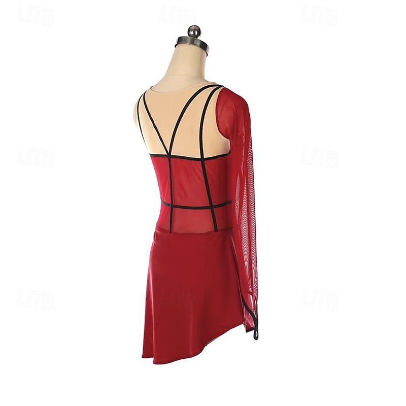 Kjole til kunstløp Dame Jente Skøyteløp Kjoler Burgunder Lapper Tommelhull Netting Spandex Elastisk Trening Profesjonell Konkurranse Skøyteklær Hold Varm Krystall / Rhinstein Langermet Skøyting 2025 - $180.99 –P3