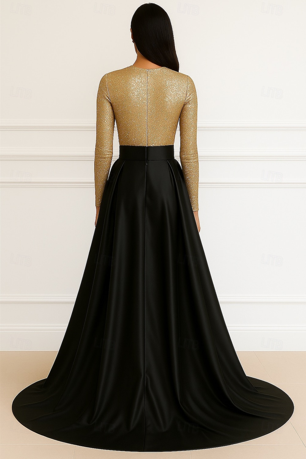 Abito da sera A-Line in oro nero elegante abito formale matrimonio lunghezza al pavimento maniche lunghe scollo a girocollo madre della sposa in satin elasticizzato con paillettes glitter del 2025 a $154.99 –P2