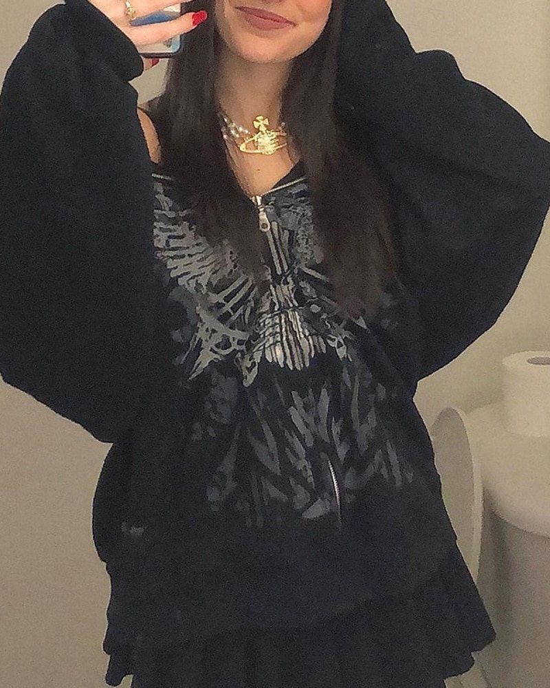 Femmes Sweat à capuche Fleuri Mode Streetwear manche longue À capuche Hauts Réguliers Rue Sortir Fermeture éclair Imprimé Noir Automne Hiver de 2025 ? $21.99 –P6