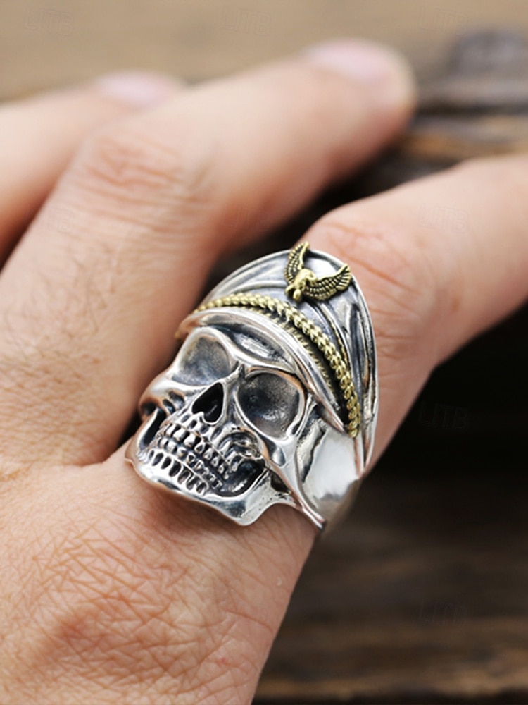 Férfi koponyagyűrű tiszti kalappal és sas emblémával – állítható ötvözet halloweeni punk ékszer motoros és gótikus stílushoz 2025 - $7.99 –P2