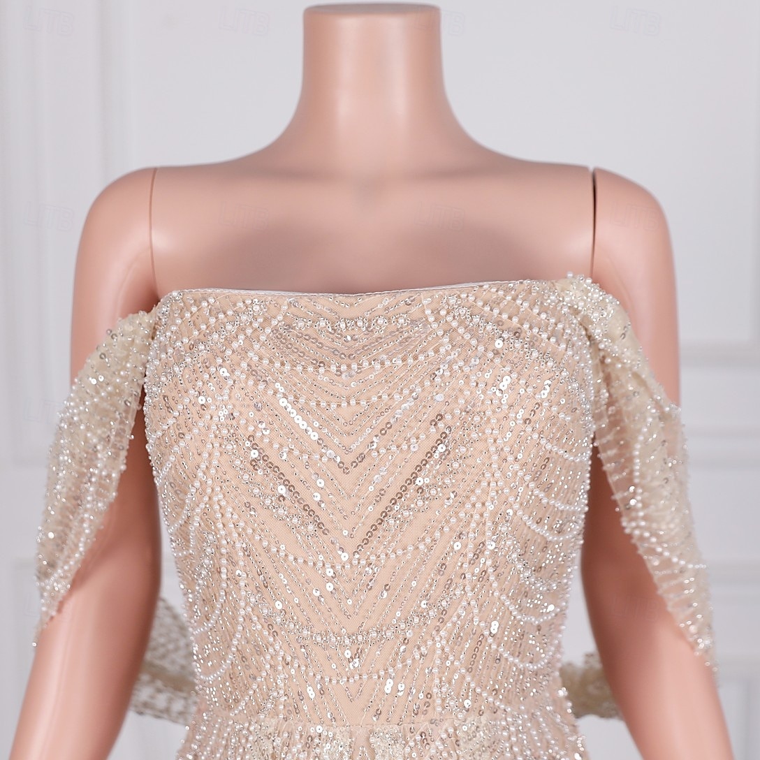 Mermaid / Trumpet Evening Gown Elegant Dress Formal Prom Sweep / Brush Train Sleeveless Off Shoulder Lace with Pearls Sequin 2025 - $271.49 –P3