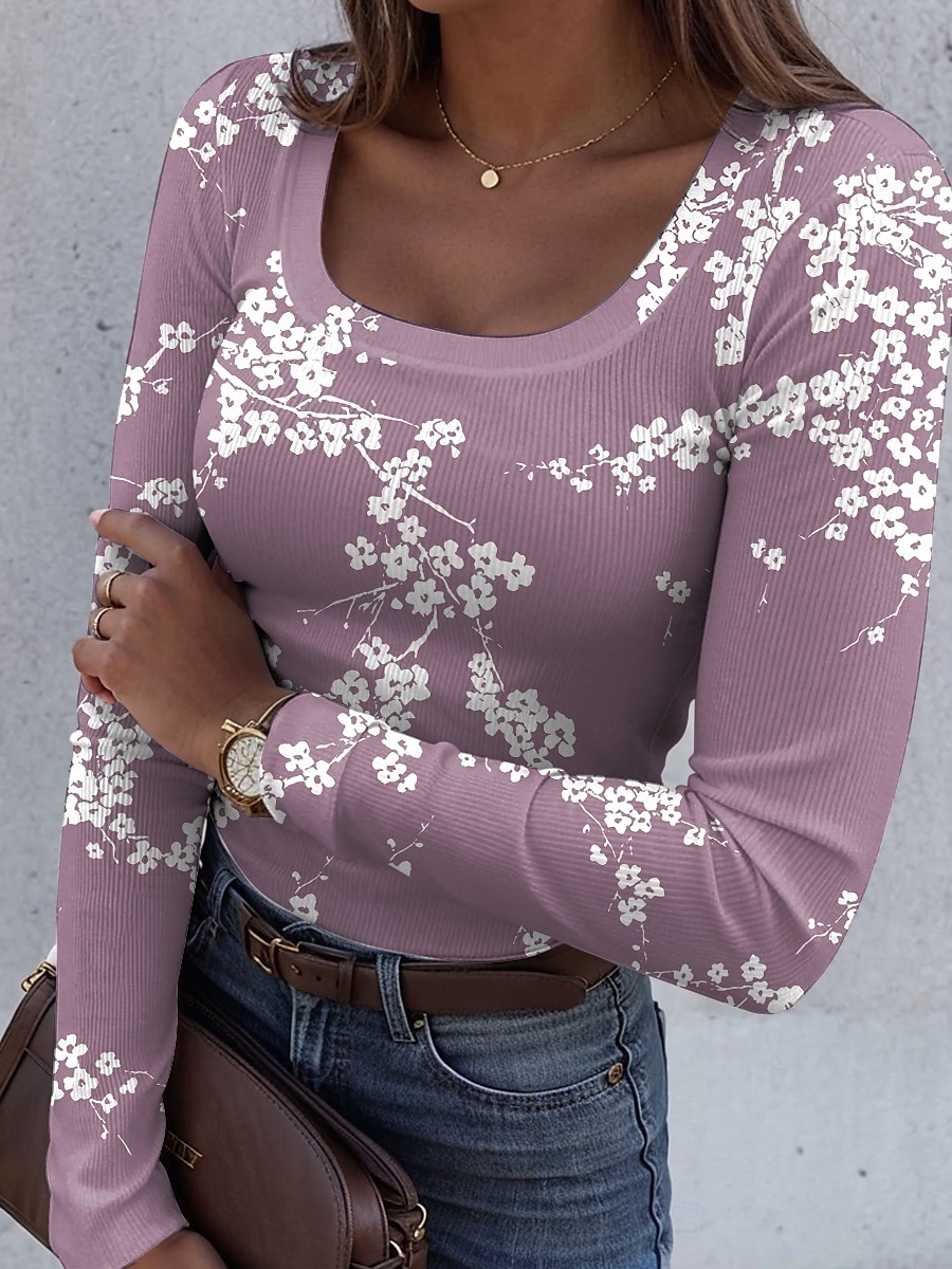 Dame T-skjorte Langermet Ribbemønster Grafisk Firkantet Utringning Langermet Casual Blomster Klassisk Vanlige Topper Daglig Print Lys Grønn Rosa Rød Blå Støvete Blå Vår Høst Forhøst 2026 - $26.99 –P4