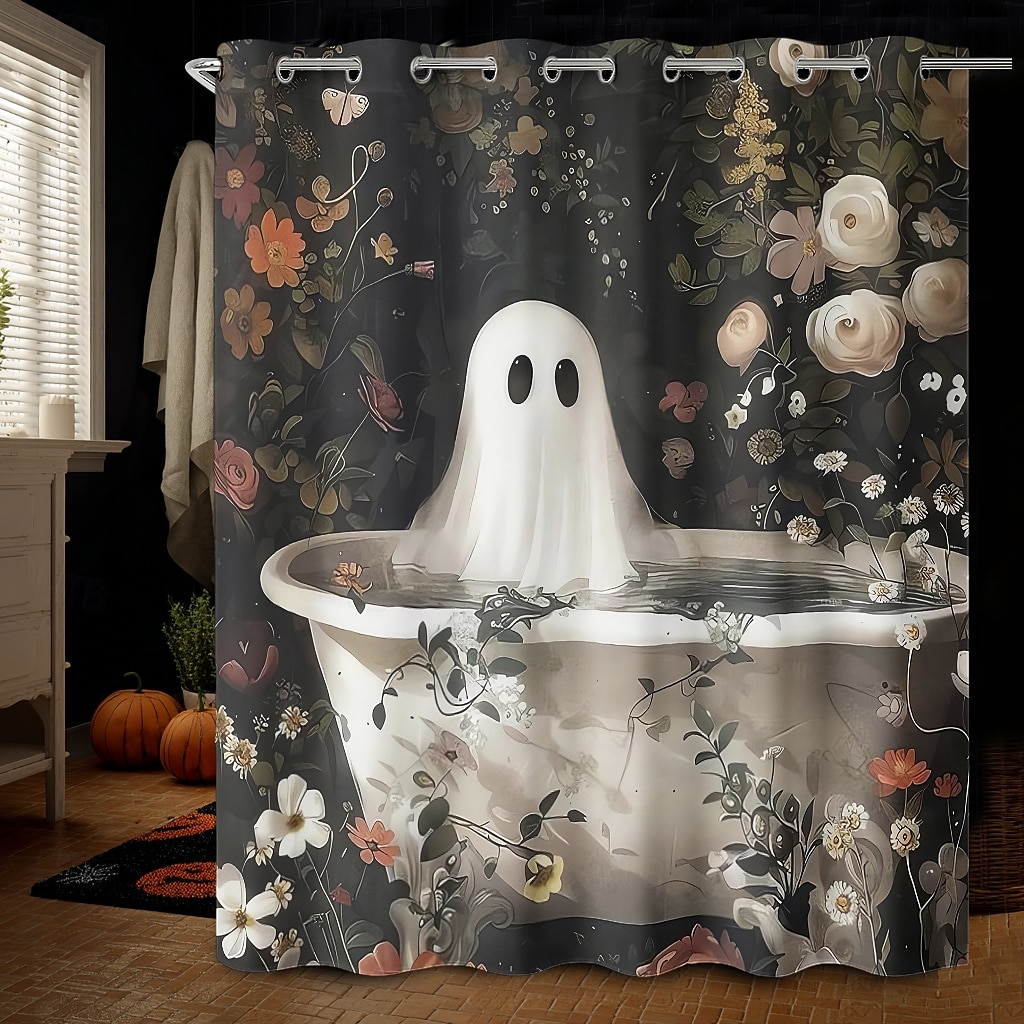 Halloweenský sprchový závěs s háčky, polyesterový, pratelný, voděodolný, vzorovaný, koupelnová vana, dekorace 2025 - $21.99 –P2
