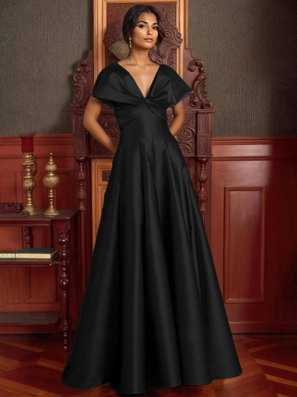 Rochie de seară elegantă, linie A, rochie formală de mireasă, lungime la podea, cu umerii goi, decolteu în V, satin elastic cu buzunar, 2025 2025 - $149.99 –P9