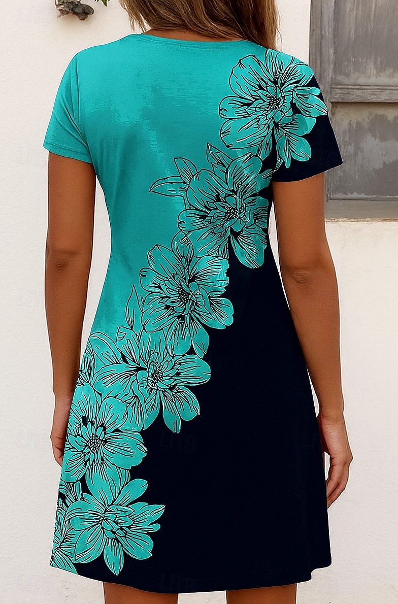 Per donna Abito Midi Vestito Estivo Vestito T-Shirt Abito a trapezio Vacanza Casual Spiaggia Spiaggia Uscire Vestibilità regolare Floreale Grafico Manica Corta Scollo a V Blu Bianco Verde Blu scuro del 2026 a $24.99 –P2