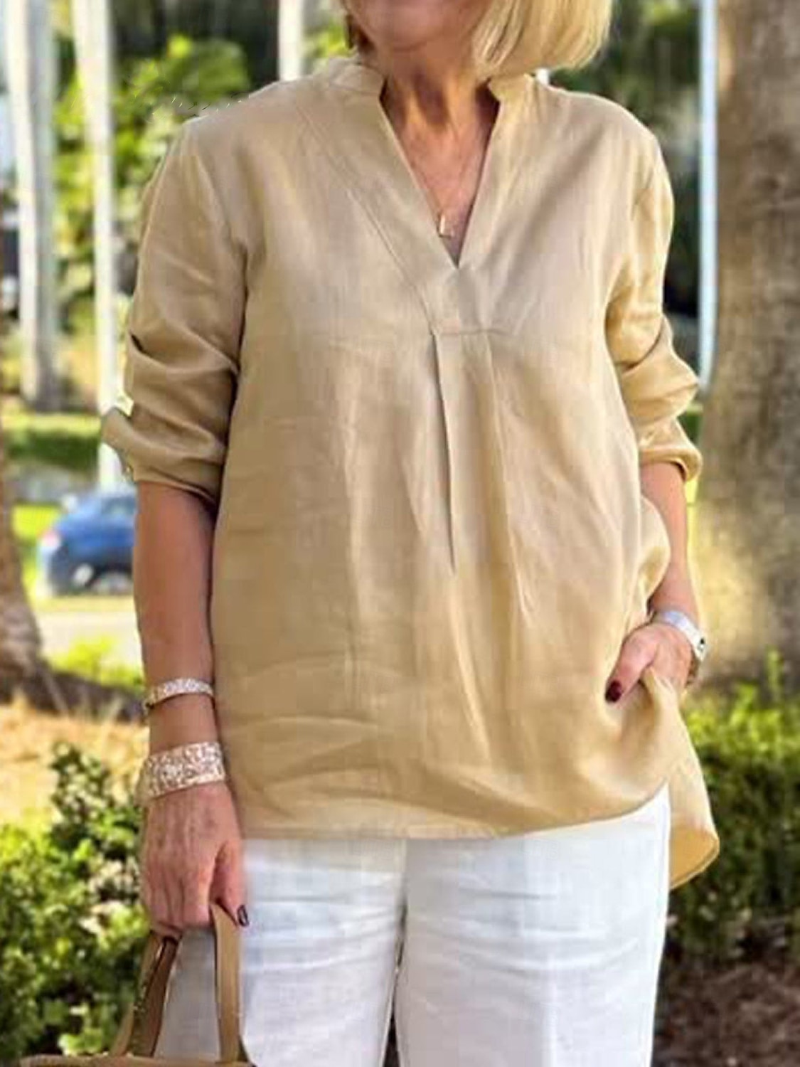 Dame Bluse Helfarge Elegant Fritid Langermet V-hals Vanlige topper Daglig Ferie Knapper Hvit Rosa Blå Kakifarget Vår Høst 2025 - $26.99 –P2