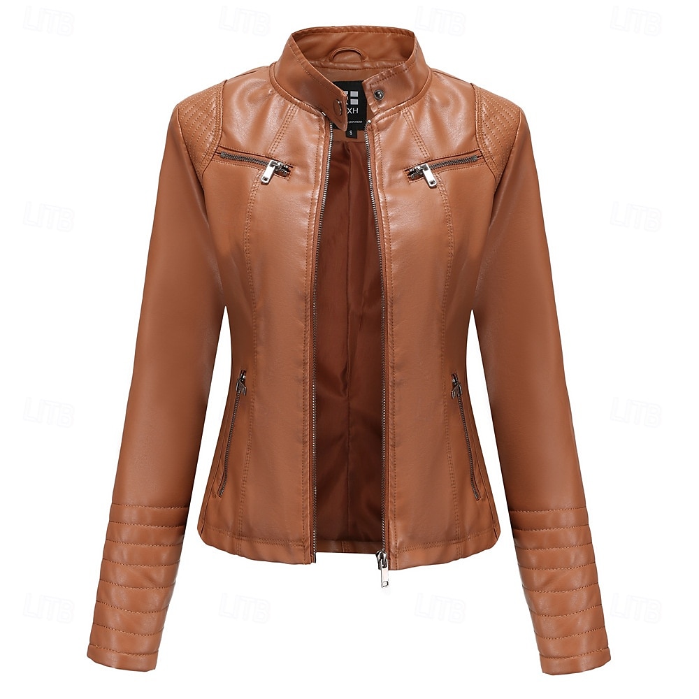Dames Jas van imitatieleer Comfortabel Zak Volledige ritssluiting Modieus Street Style Effen Buiten Casual / Dagelijks Normaal Opstaand Normale pasvorm Lange mouw bovenkleding Zwart Rood Kameel Lente 2025 - $41.99 –P20
