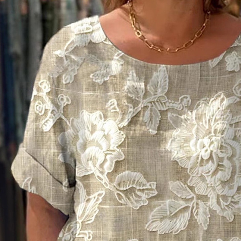 Dames T-shirt Afdrukken Bloemig Modieus Modern 3/4 mouw Strakke ronde hals Normale tops Dagelijks Uitgaan Weekend Khaki Zomer Lente 2026 - $23.99 –P3