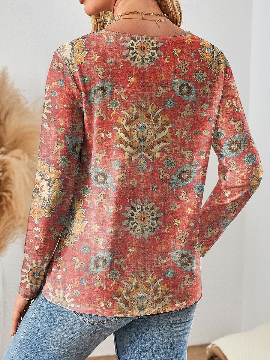 Femmes T-shirt Graphique Paisley ancien Élégant Classique manche longue Col en V Hauts Réguliers Quotidien Imprimé Rose Claire Rouge Bleu Violet Vert Printemps Automne de 2025 ? $22.99 –P2