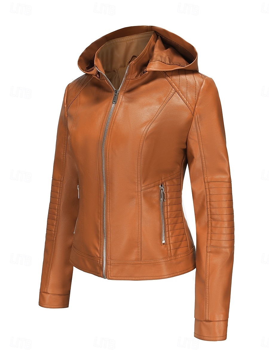 Femmes Veste en Similicuir Veste Décontractée Confortable Respirant Fermeture éclair Avec Poches Occasionnel Uni Vacances Rue Occasionnel Tenue quotidienne Fermeture éclair Court À capuche Coupe de 2025 ? $47.99 –P6