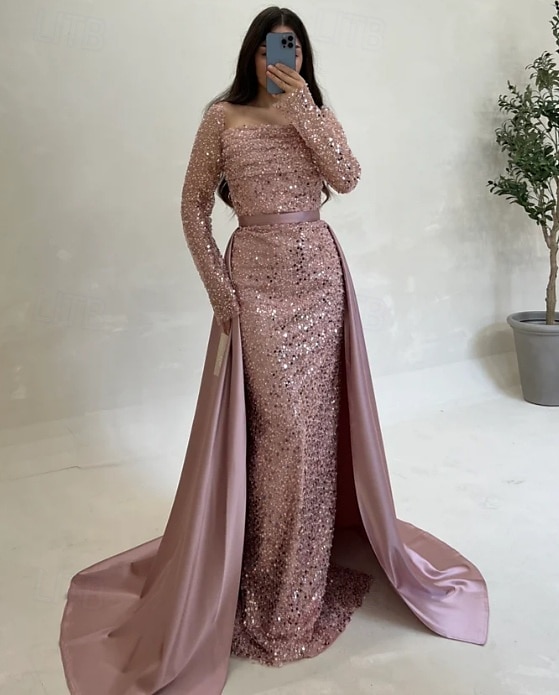 Paljett A-linje aftenkjole elegant kjole formell bryllupsgjest gulvlang langermet hals champagnefarget kjole til brudens mor sateng med glitterspalte 2025 2025 - $159.99 –P5