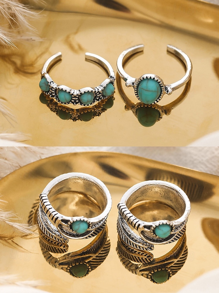 set di anelli turchesi bohémien da donna: anelli impilabili placcati in argento vintage con dettagli in pietra blu per feste, festival e uso quotidiano del 2025 a $11.99 –P4