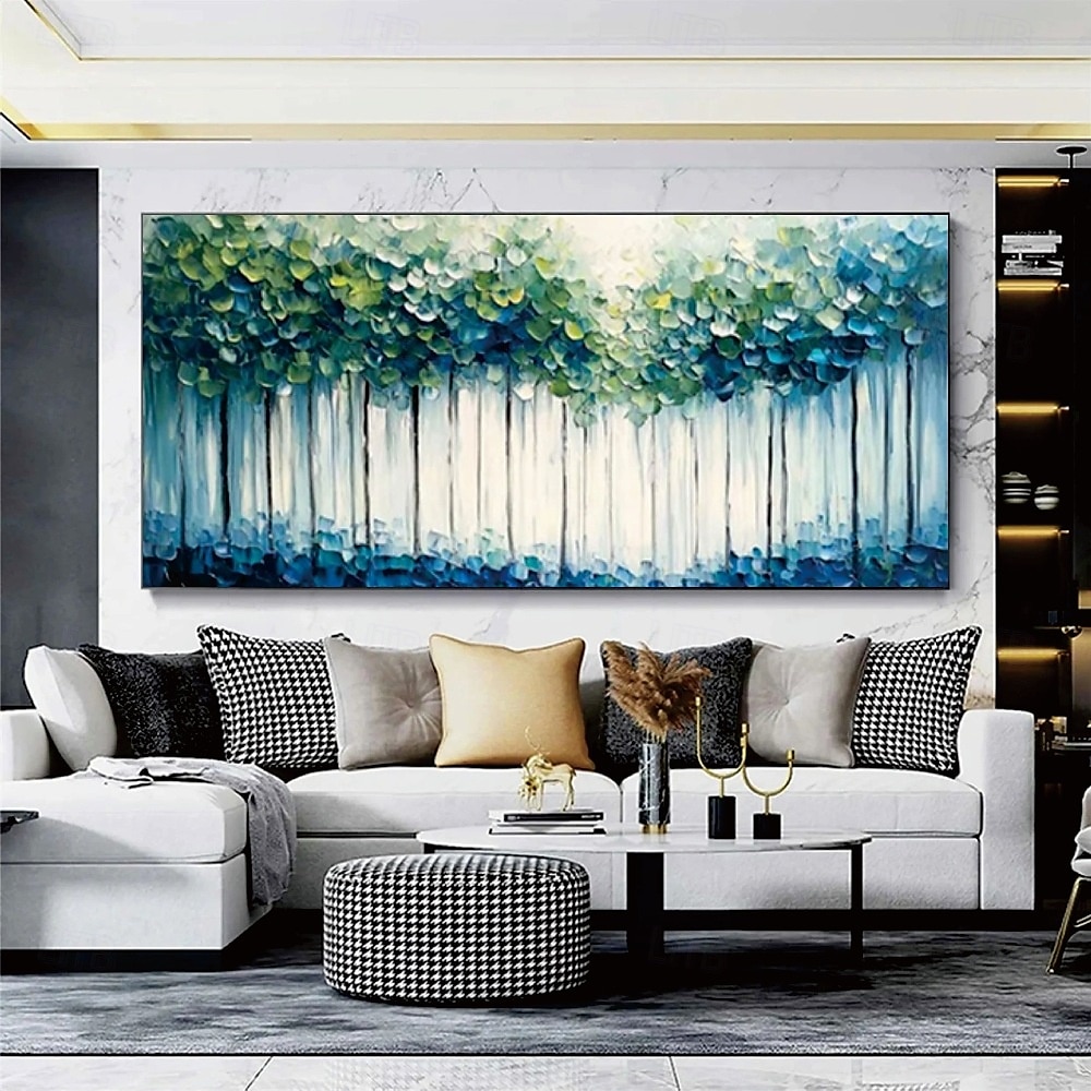 Peinture à l'huile faite à la main, forêt abstraite moderne, coups de pinceau texturés audacieux, canopée vert émeraude, teintes bleu sarcelle, troncs minimalistes, profondeurs saphir, galerie d'art de 2025 ? $108.99 –P7