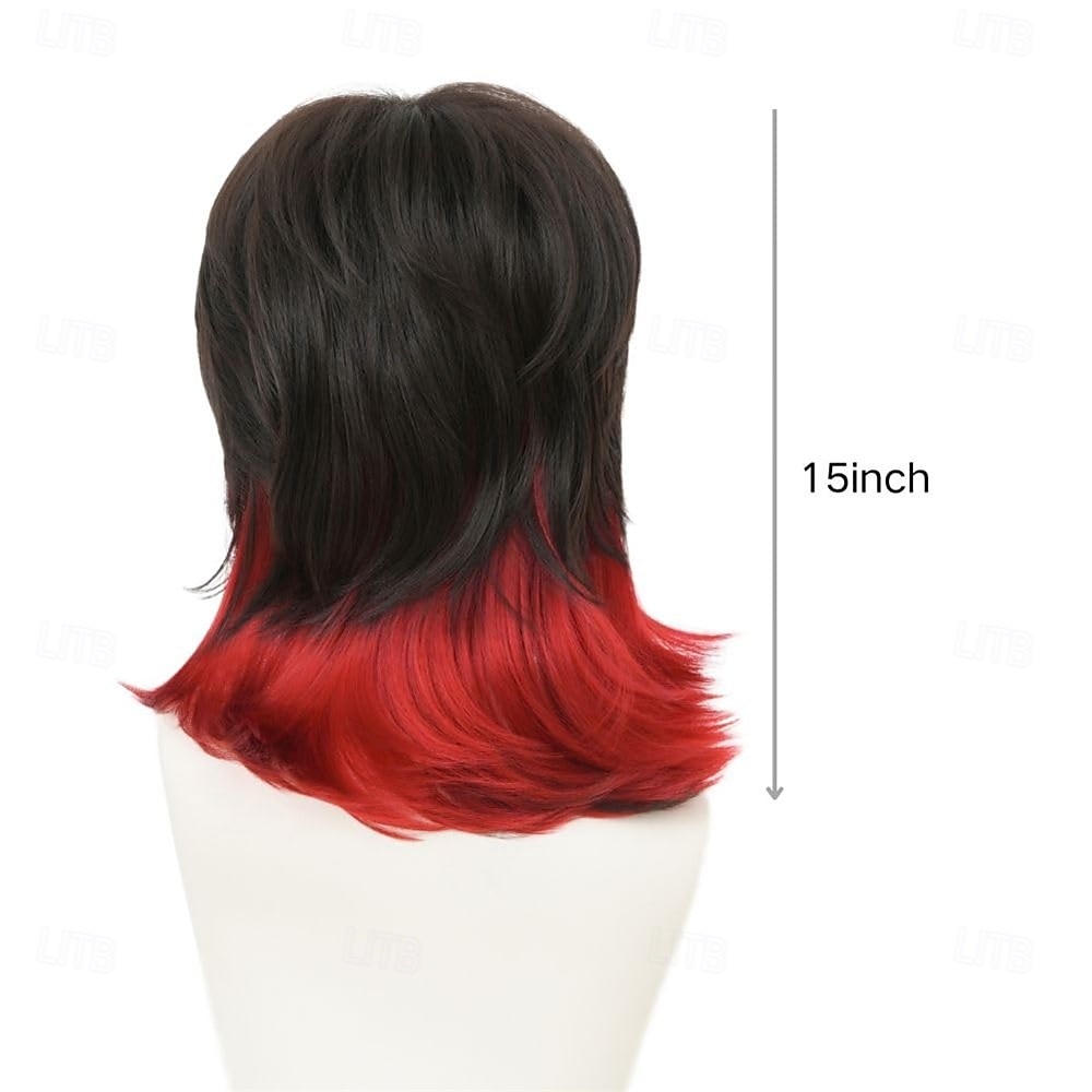 Черный красный парик кефаль для женщин длиной до плеч, многослойный лохматый парик с челкой, синтетические полные парики для косплея, ежедневного использования на вечеринках 2025 - $22.99 –P5