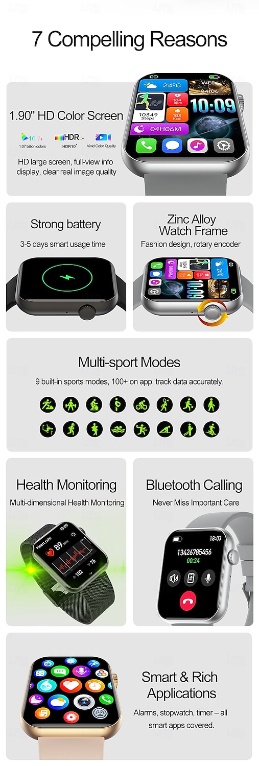 2025年 iMosi HW92 スマートウォッチ 1.9 インチ スマート·ウォッチ ブルートゥース 歩数計 着信通知 睡眠サイクル計測器 と互換性があります Android iOS 女性 男性 ハンドフリーコール 防水 メディアコントロール IP 67 37mmウォッチケース コレクション – $31.99 –P2