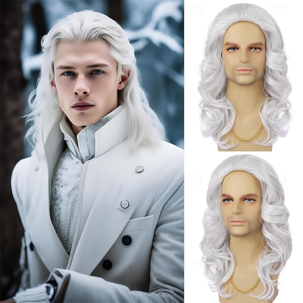 باروكة شعر رجالي طويل مجعد ومموج باللون الأبيض باروكة شعر صناعي مقاوم للحرارة للاستخدام اليومي في الحفلات التنكرية والهالوين 2025 - $26.99 –P1