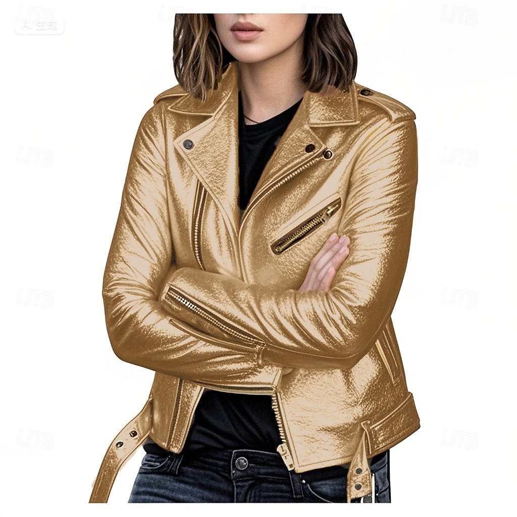 Per donna Giacca in Ecopelle Confortevole Cerniera completa Moda Stile da Strada Semplice All'aperto Casual Quotidiano Regolare Collo ripiegato Vestibilità regolare Manica Lunga Capispalla Argento del 2025 a $34.99 –P10