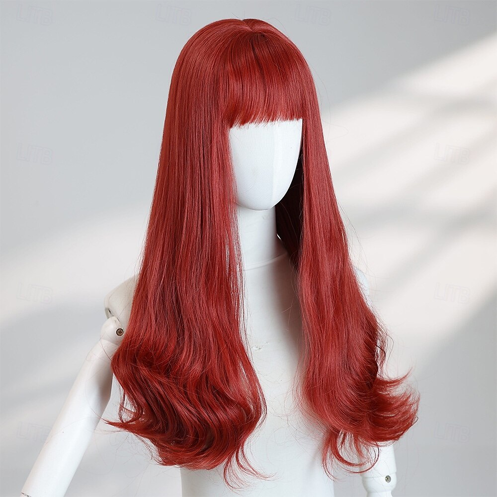 Peluca ondulada roja de 24 pulgadas para mujer: flequillo completo, cabello largo sintético resistente a altas temperaturas, perfecta para disfraces de Halloween. &looks de fiesta 2025 - $30.99 –P5