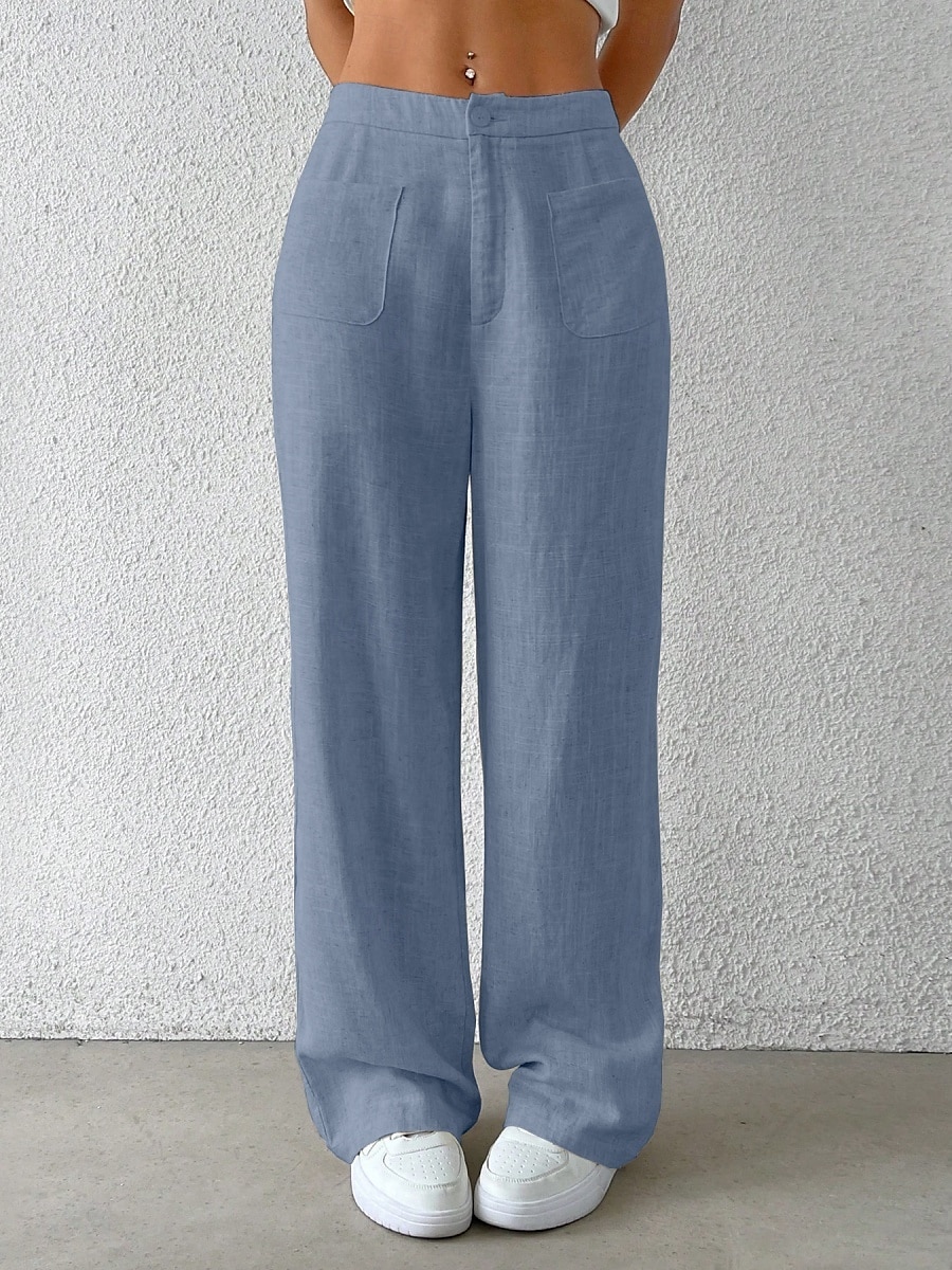 Damen Weites Bein Chinos Mode Basic Lässig Volle Länge Mittlere Taillenlinie Einfarbig Tasche Komfort Außenbereich Unelastisch Urlaub Straße Täglich Schwarz Weiß Blau Aprikose Sommer Frühling Herbst 2025 - $37.99 –P9