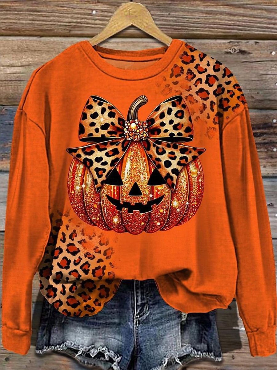 halloween damegensere grafisk paisley avslappet langermet rund hals vanlige topper gate hverdagsbruk avslappet trykk gul oransje høst vinter 2025 - $24.99 –P1