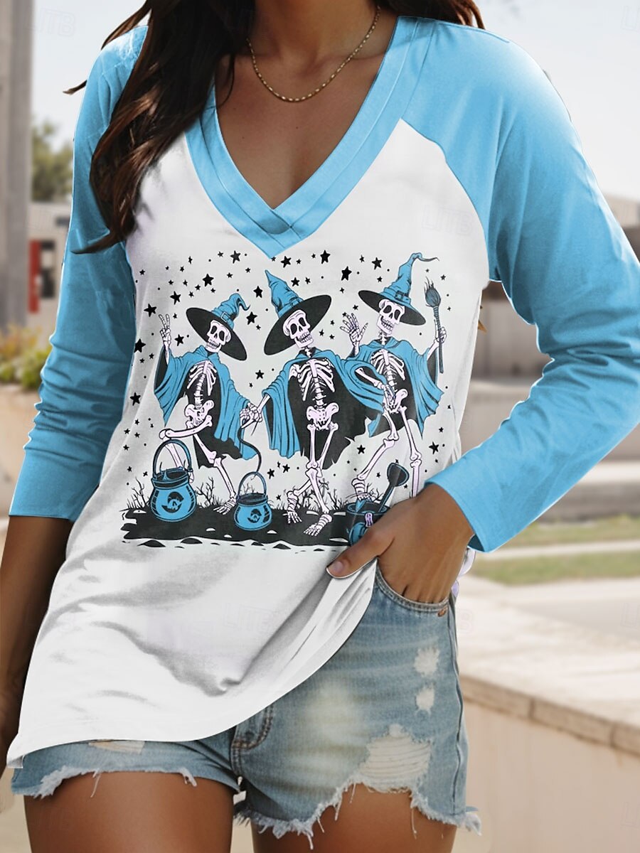 Halloween Femmes T-shirt Graphique Crâne ancien Élégant Classique manche longue Col en V Hauts Réguliers Quotidien Imprimé Rose Claire Bleu Violet Orange Vert Printemps Automne de 2025 ? $22.99 –P3