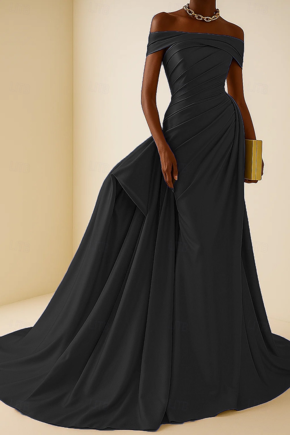 Hohe Mode Abendkleid Schwarz-Tie Meerjungfrau  Trompeten Abendkleid Elegantes Kleid Formelle Hochzeit Gericht Zug Ärmellos Off-Shoulder Satin mit Falten Raffung 2025 - $159.99 –P7